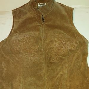 Coldwater Creek Suede Leather Embroidered Vest Large Camel Tan